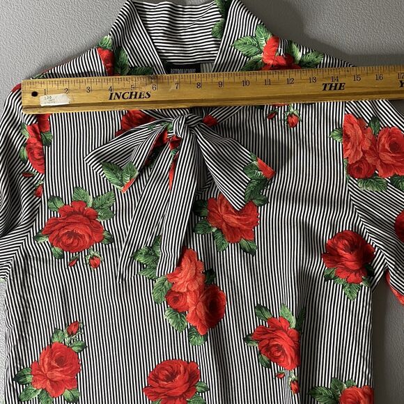 Retrolicious Blouse Womens M Rose Print Black White Stripe Tie Neck Secretary - Picture 6 of 8